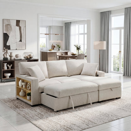 Pompano Sectional with Right Chaise, Pull-out Bed, Hidden Storage and Shelves, Charging Ports