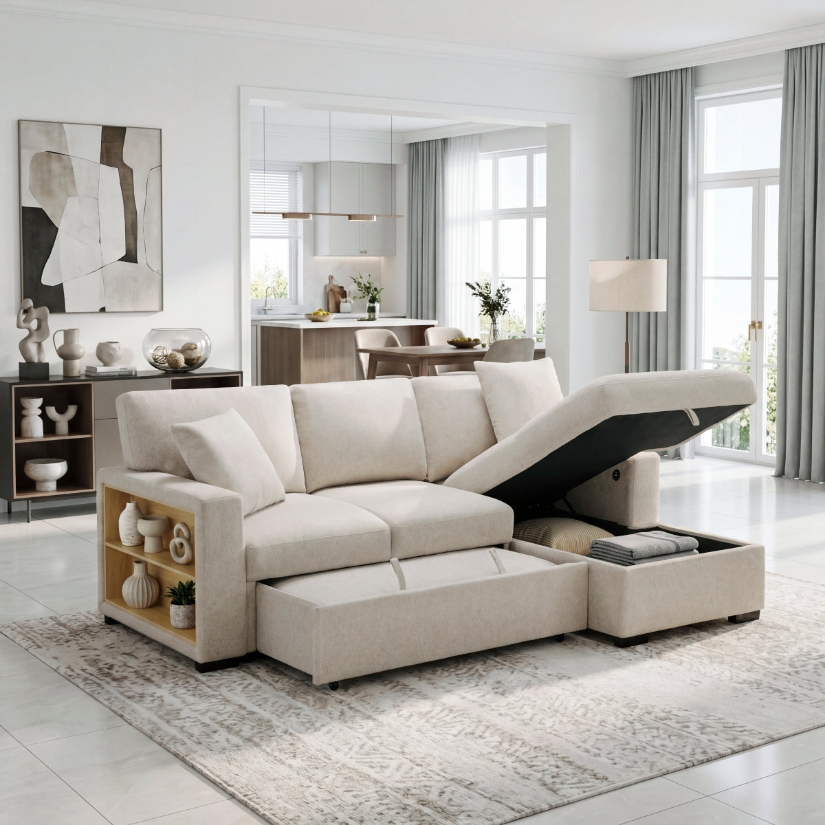 Pompano Sectional with Right Chaise, Pull-out Bed, Hidden Storage and Shelves, Charging Ports