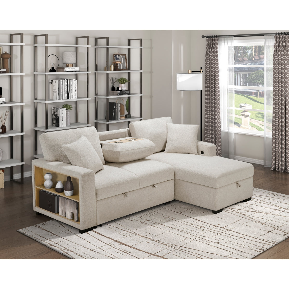Pompano Sectional with Right Chaise, Pull-out Bed, Hidden Storage and Shelves, Charging Ports