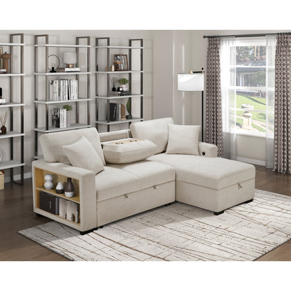 Pompano Sectional with Right Chaise, Pull-out Bed, Hidden Storage and Shelves, Charging Ports