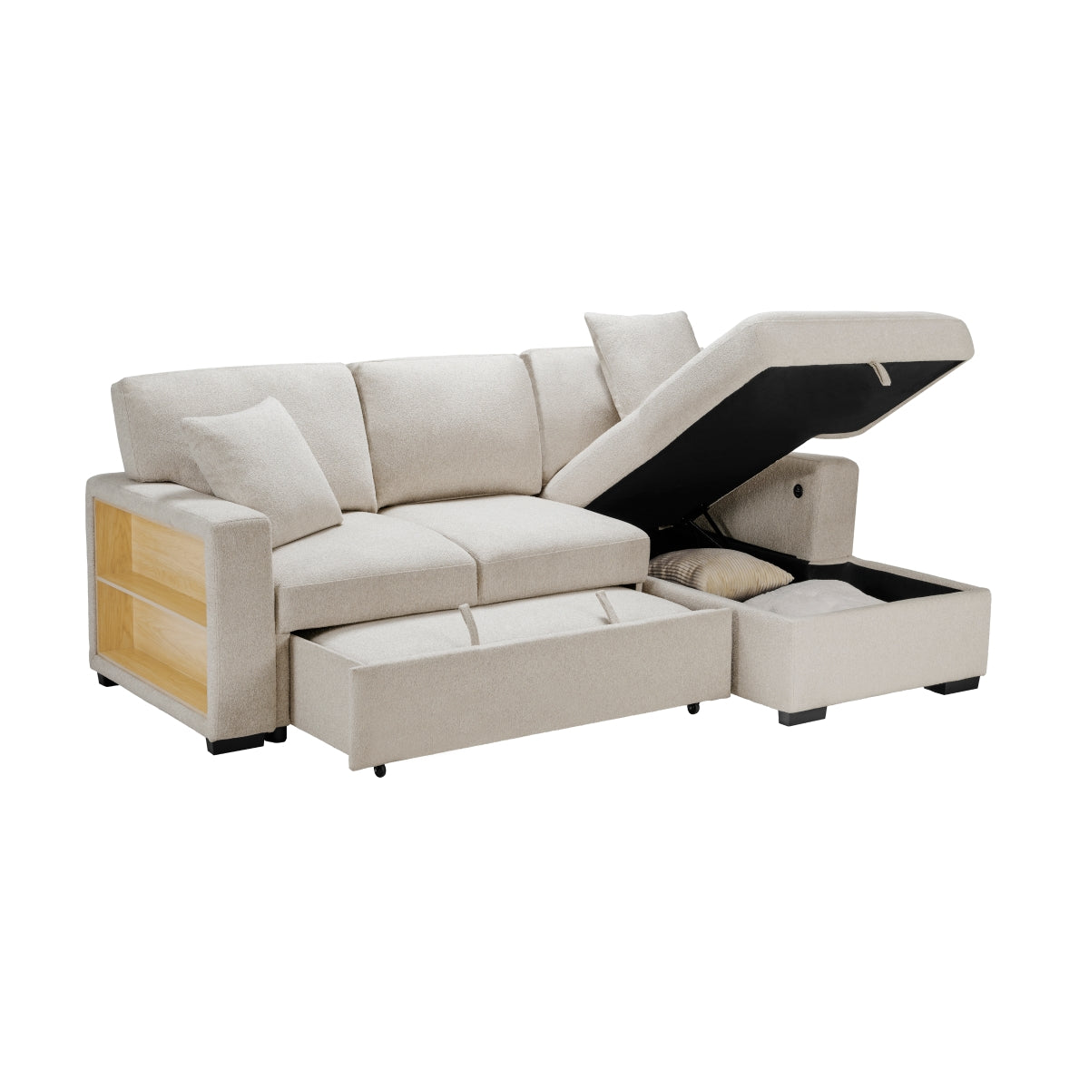 Pompano Sectional with Right Chaise, Pull-out Bed, Hidden Storage and Shelves, Charging Ports