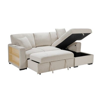 Pompano Sectional with Right Chaise, Pull-out Bed, Hidden Storage and Shelves, Charging Ports