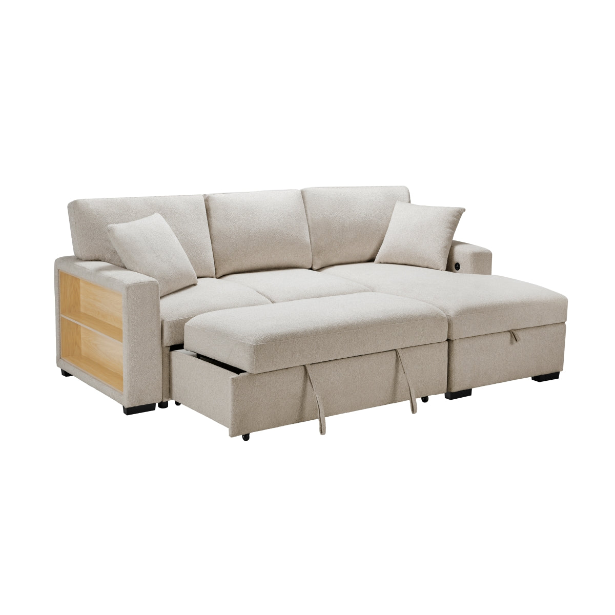 Pompano Sectional with Right Chaise, Pull-out Bed, Hidden Storage and Shelves, Charging Ports