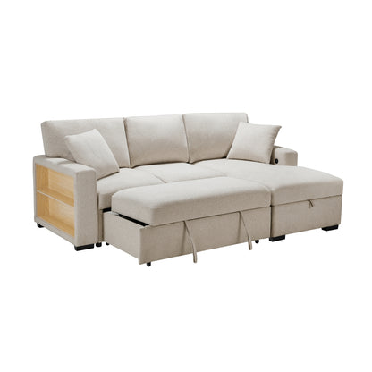 Pompano Sectional with Right Chaise, Pull-out Bed, Hidden Storage and Shelves, Charging Ports
