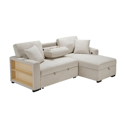 Pompano Sectional with Right Chaise, Pull-out Bed, Hidden Storage and Shelves, Charging Ports
