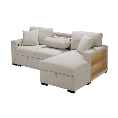 Pompano Sectional with Right Chaise, Pull-out Bed, Hidden Storage and Shelves, Charging Ports