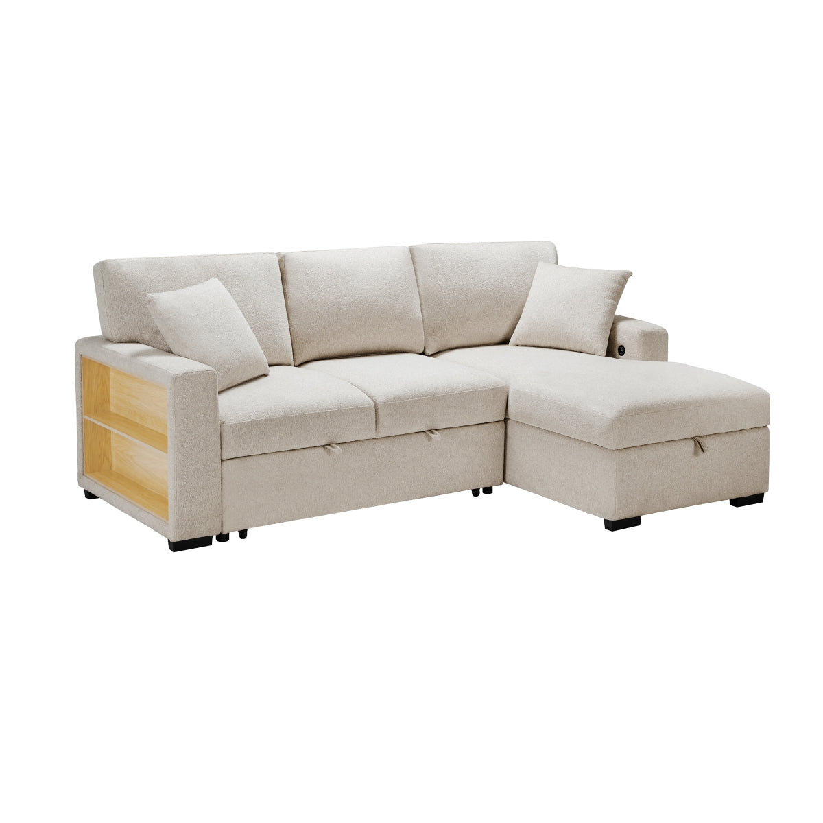 Pompano Sectional with Right Chaise, Pull-out Bed, Hidden Storage and Shelves, Charging Ports