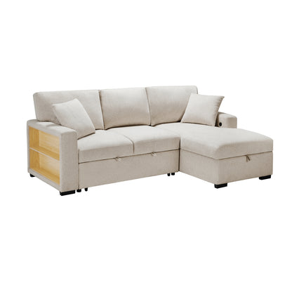 Pompano Sectional with Right Chaise, Pull-out Bed, Hidden Storage and Shelves, Charging Ports