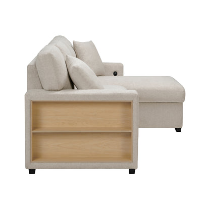 Pompano Sectional with Right Chaise, Pull-out Bed, Hidden Storage and Shelves, Charging Ports
