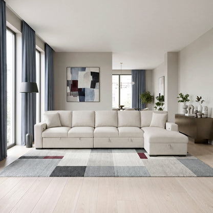 Pompano Sectional with Right Chaise, Pull-out Bed, Hidden Storages and Shelves, Charging Ports