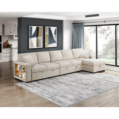 Pompano Sectional with Right Chaise, Pull-out Bed, Hidden Storages and Shelves, Charging Ports