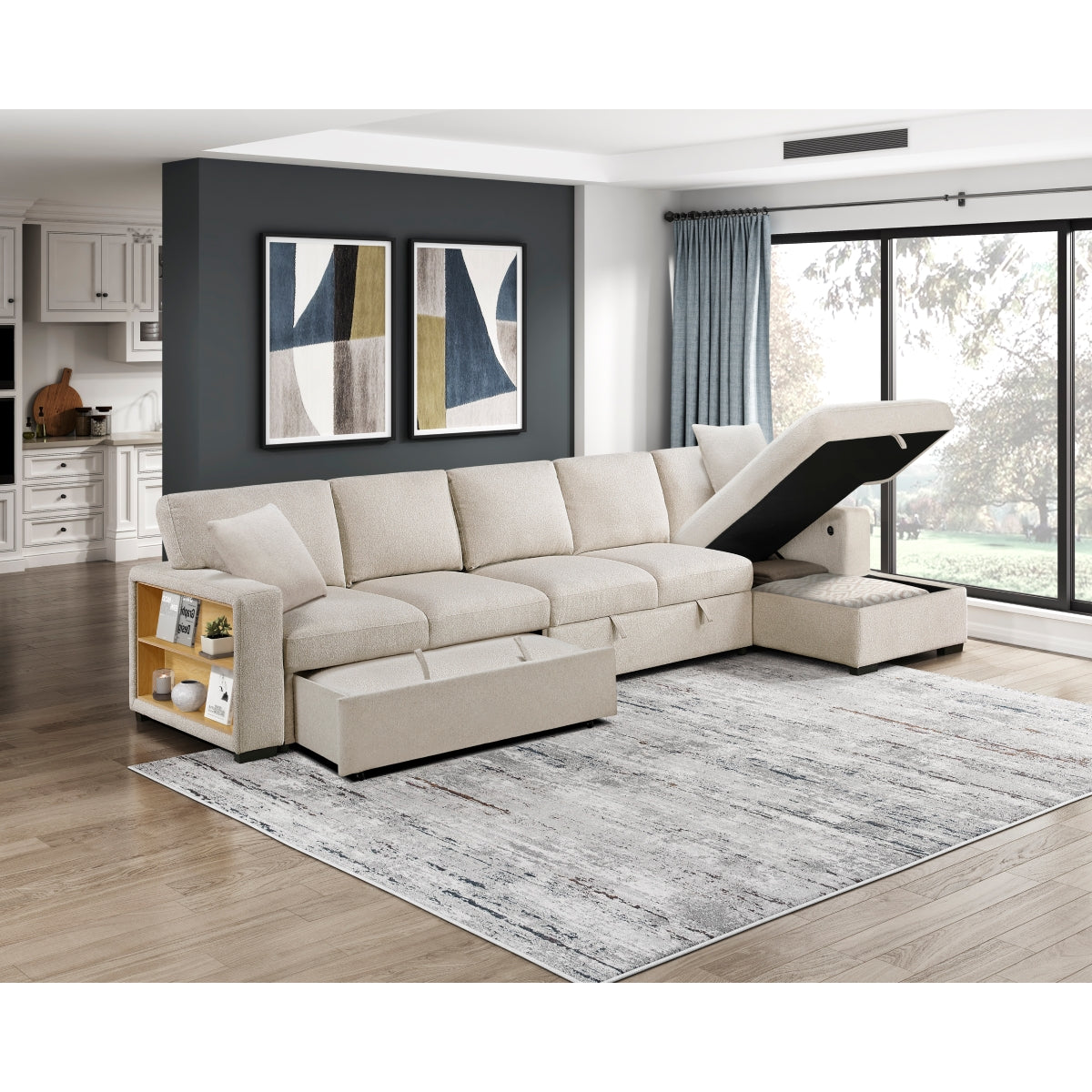 Pompano Sectional with Right Chaise, Pull-out Bed, Hidden Storages and Shelves, Charging Ports