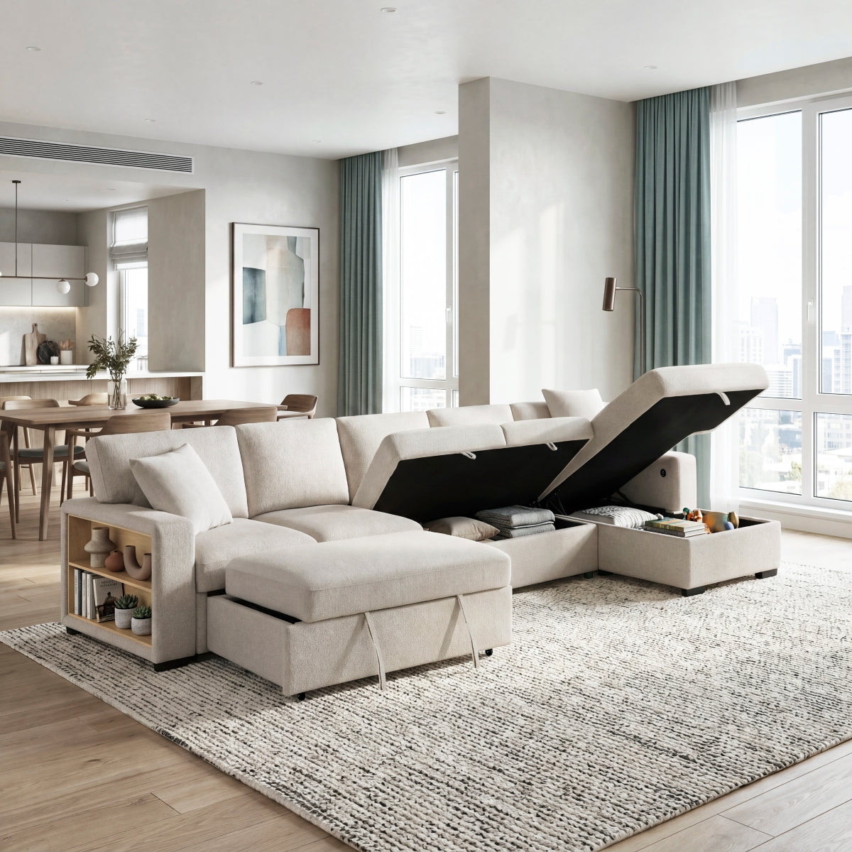 Pompano Sectional with Right Chaise, Pull-out Bed, Hidden Storages and Shelves, Charging Ports