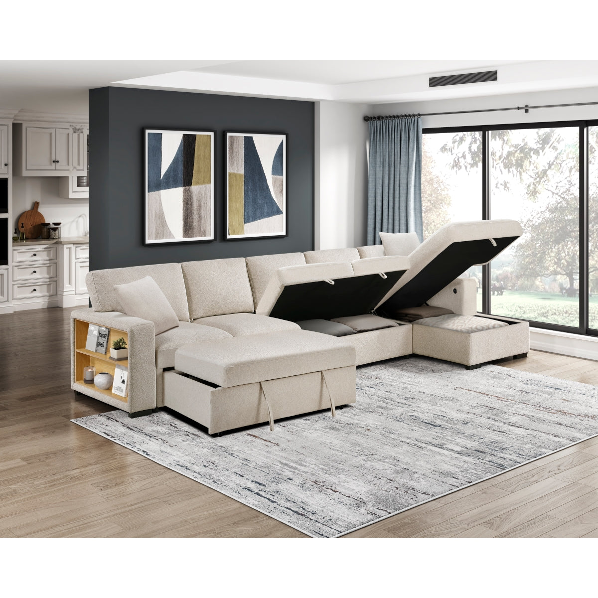 Pompano Sectional with Right Chaise, Pull-out Bed, Hidden Storages and Shelves, Charging Ports