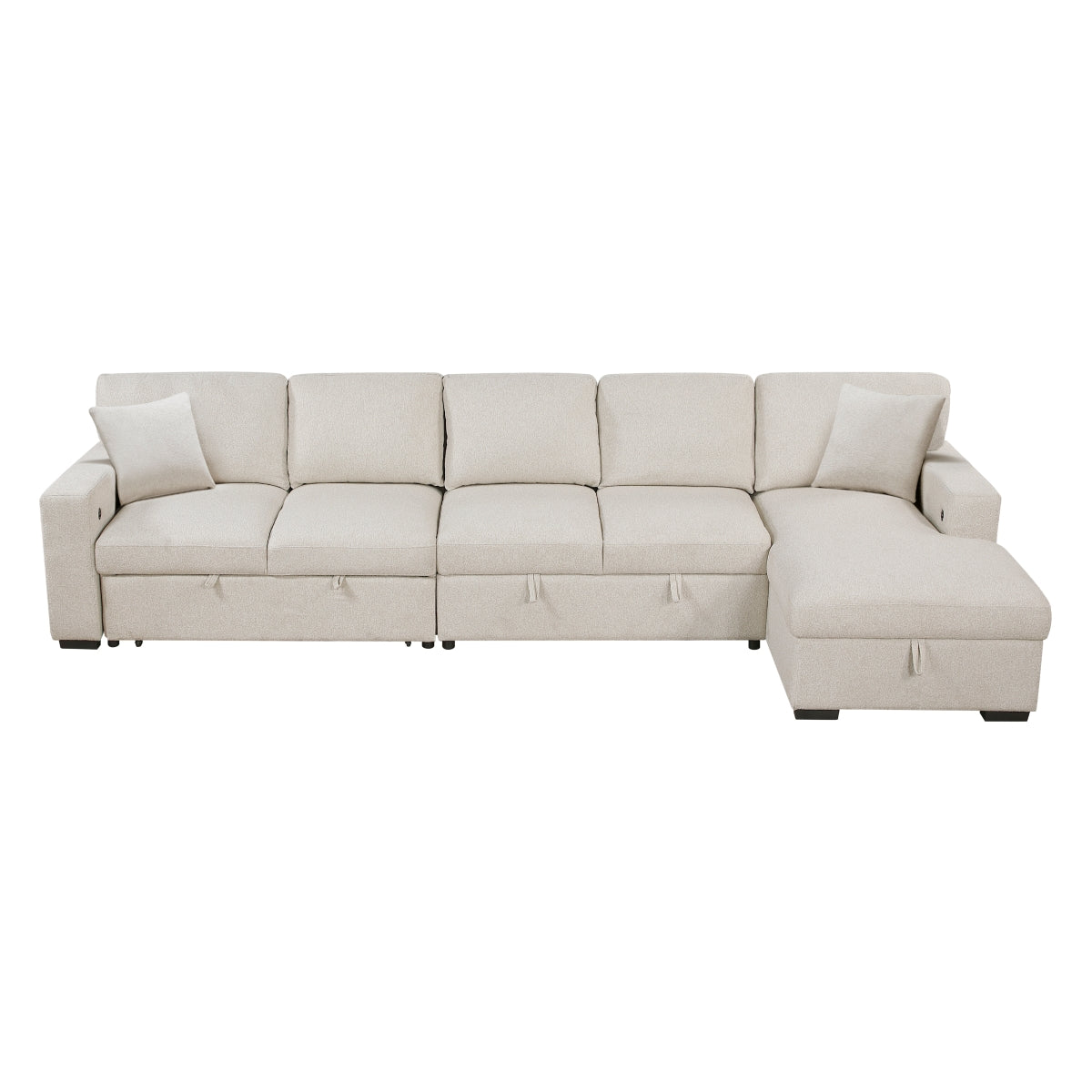 Pompano Sectional with Right Chaise, Pull-out Bed, Hidden Storages and Shelves, Charging Ports