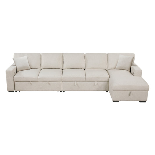 Pompano Sectional with Right Chaise, Pull-out Bed, Hidden Storages and Shelves, Charging Ports