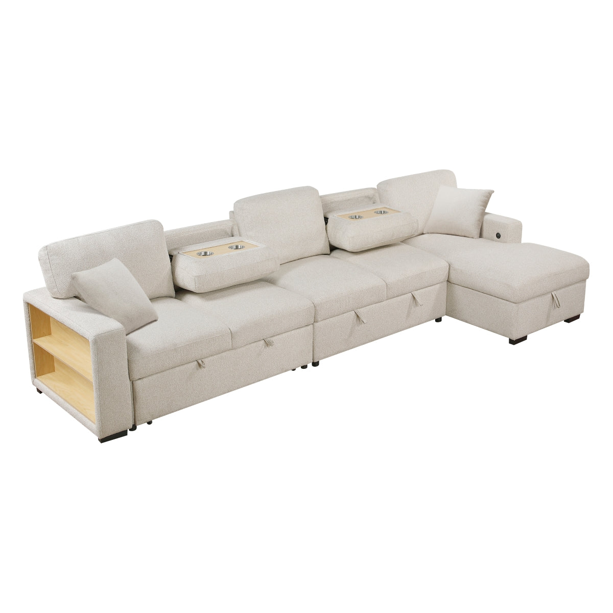 Pompano Sectional with Right Chaise, Pull-out Bed, Hidden Storages and Shelves, Charging Ports