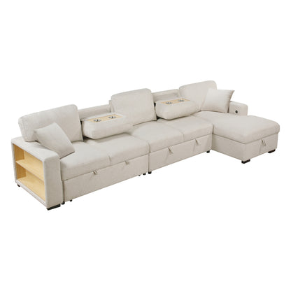 Pompano Sectional with Right Chaise, Pull-out Bed, Hidden Storages and Shelves, Charging Ports