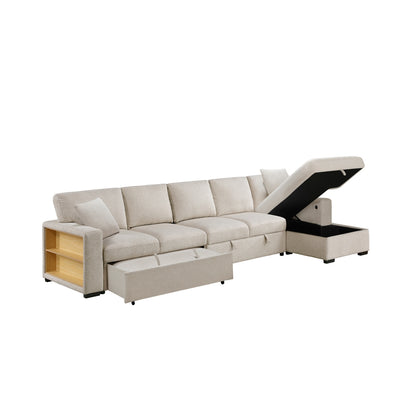 Pompano Sectional with Right Chaise, Pull-out Bed, Hidden Storages and Shelves, Charging Ports