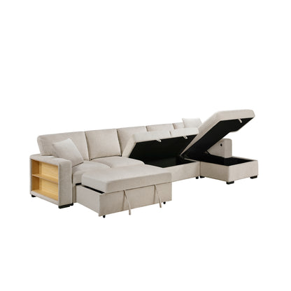 Pompano Sectional with Right Chaise, Pull-out Bed, Hidden Storages and Shelves, Charging Ports