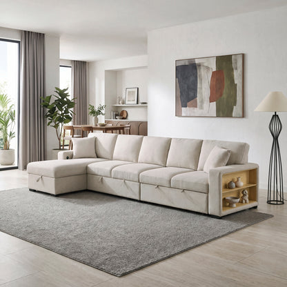 Pompano Sectional with Left Chaise, Pull-out Bed, Hidden Storages and Shelves, Charging Ports