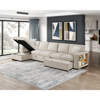 Pompano Sectional with Left Chaise, Pull-out Bed, Hidden Storages and Shelves, Charging Ports