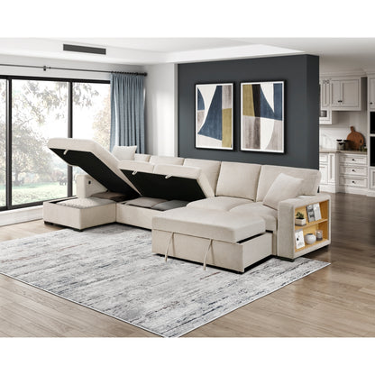Pompano Sectional with Left Chaise, Pull-out Bed, Hidden Storages and Shelves, Charging Ports