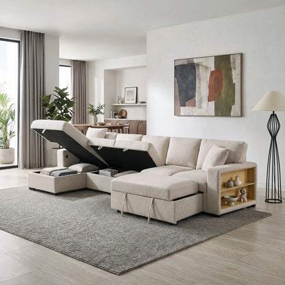 Pompano Sectional with Left Chaise, Pull-out Bed, Hidden Storages and Shelves, Charging Ports