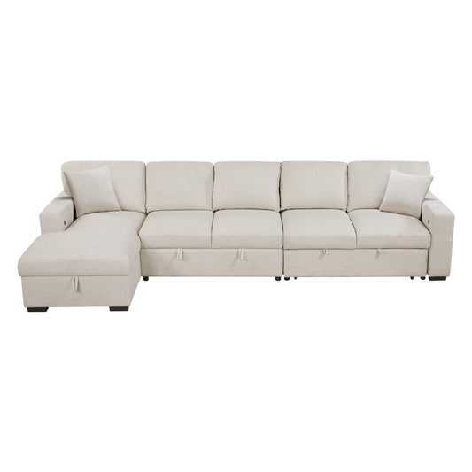 Pompano Sectional with Left Chaise, Pull-out Bed, Hidden Storages and Shelves, Charging Ports