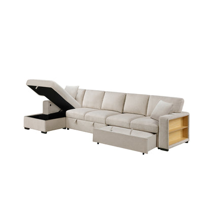 Pompano Sectional with Left Chaise, Pull-out Bed, Hidden Storages and Shelves, Charging Ports