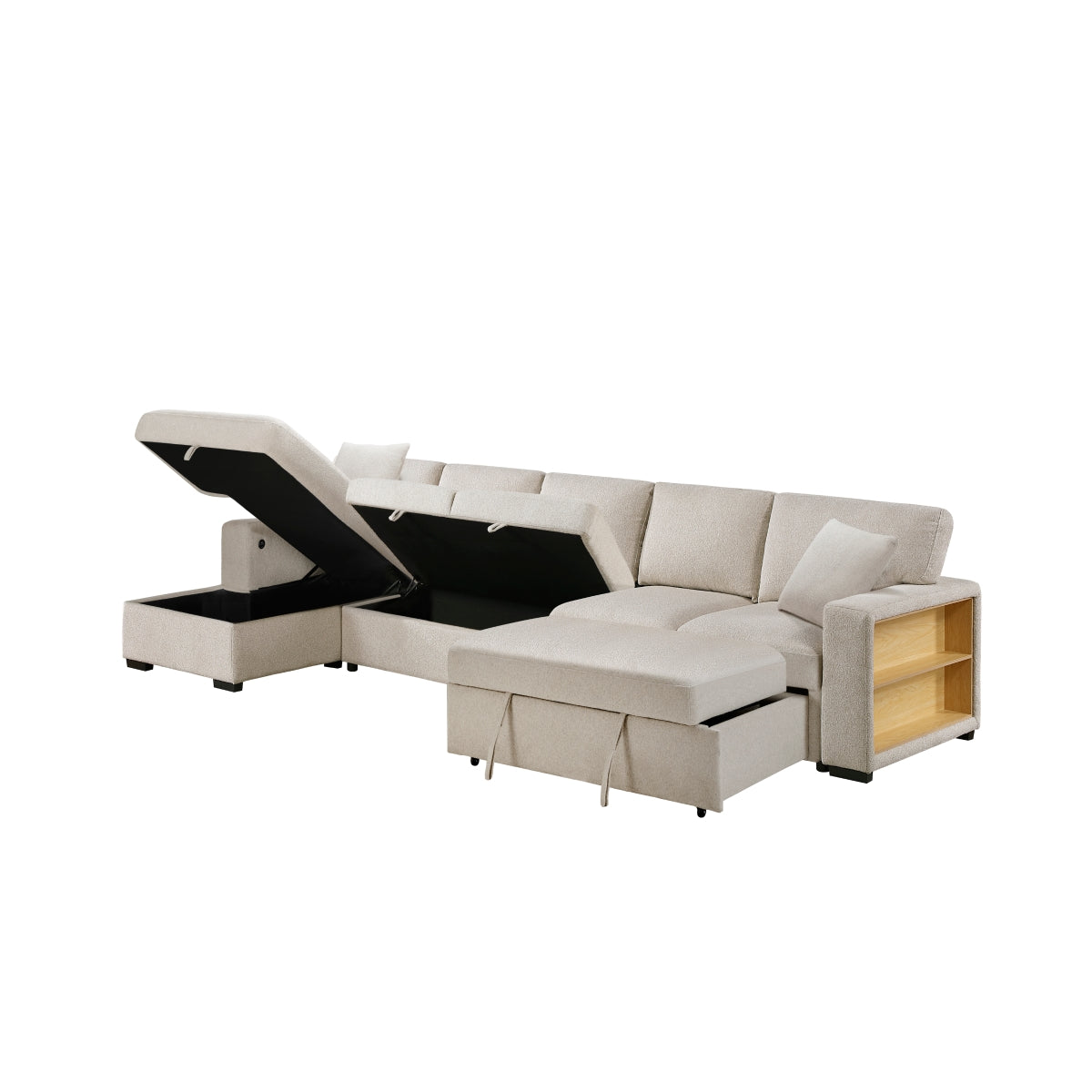 Pompano Sectional with Left Chaise, Pull-out Bed, Hidden Storages and Shelves, Charging Ports