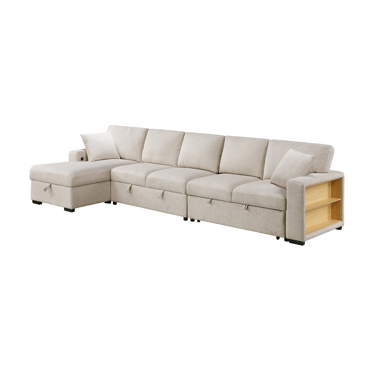 Pompano Sectional with Left Chaise, Pull-out Bed, Hidden Storages and Shelves, Charging Ports