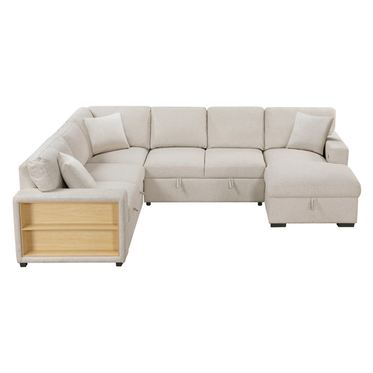 Pompano Sectional with Right Chaise, Pull-out Bed, Hidden Storages and Shelves, Charging Ports