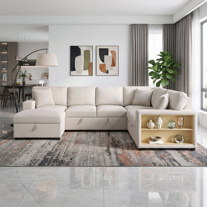 Pompano Sectional with Left Chaise, Pull-out Bed, Hidden Storages and Shelves, Charging Ports