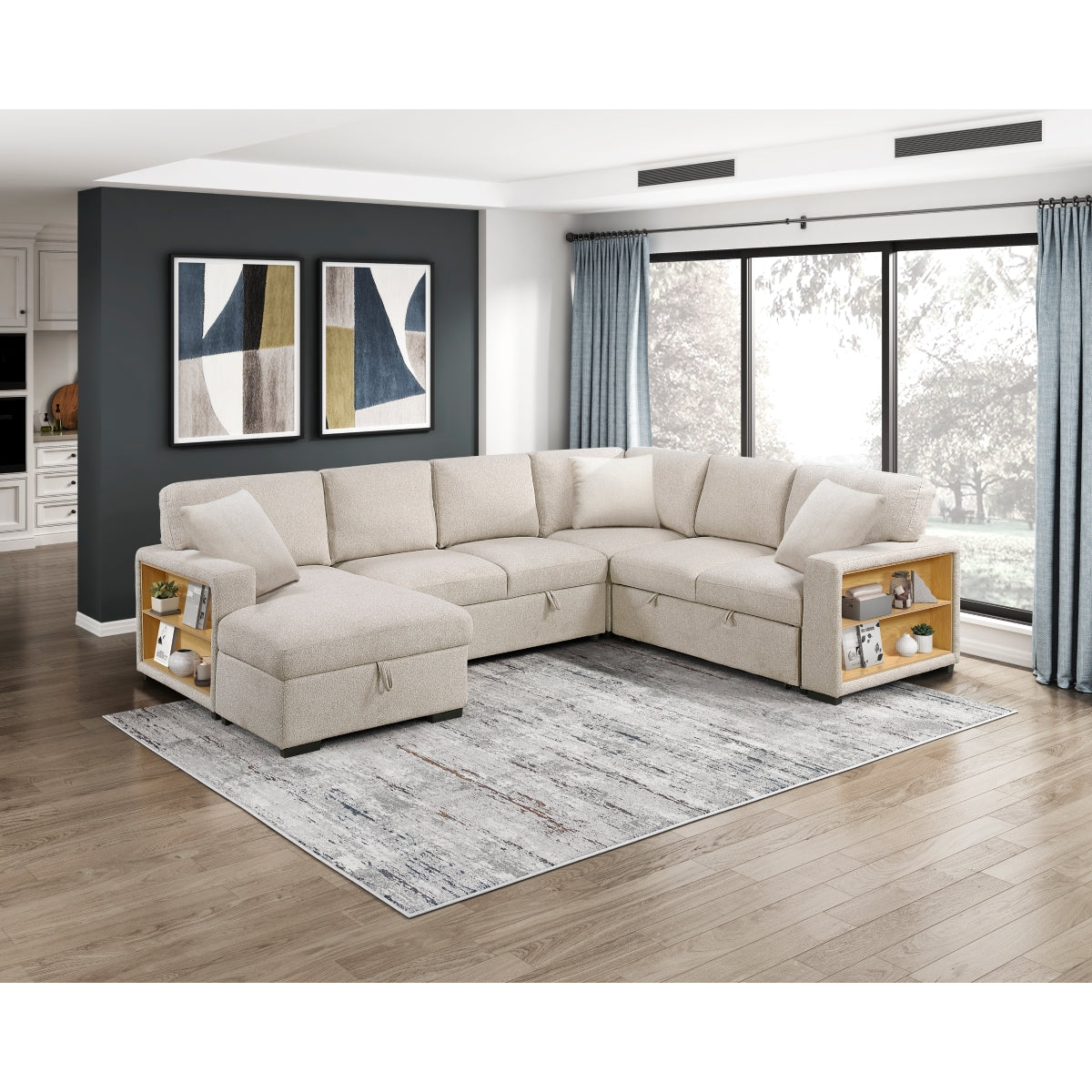 Pompano Sectional with Left Chaise, Pull-out Bed, Hidden Storages and Shelves, Charging Ports