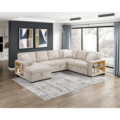 Pompano Sectional with Left Chaise, Pull-out Bed, Hidden Storages and Shelves, Charging Ports