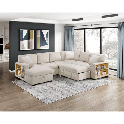 Pompano Sectional with Left Chaise, Pull-out Bed, Hidden Storages and Shelves, Charging Ports