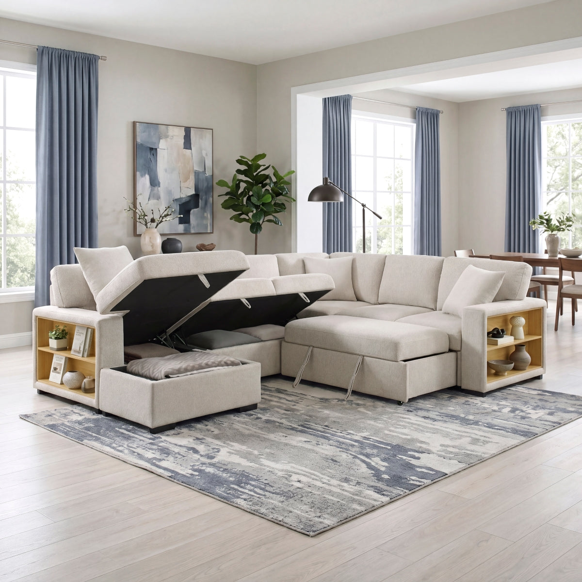 Pompano Sectional with Left Chaise, Pull-out Bed, Hidden Storages and Shelves, Charging Ports