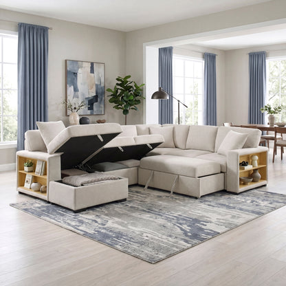 Pompano Sectional with Left Chaise, Pull-out Bed, Hidden Storages and Shelves, Charging Ports