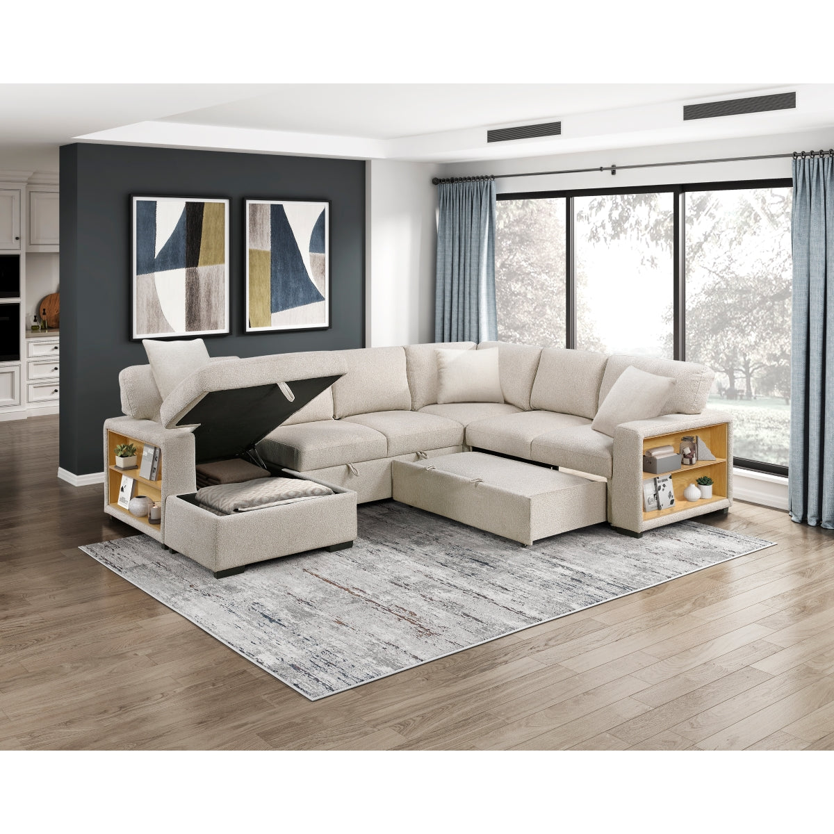 Pompano Sectional with Left Chaise, Pull-out Bed, Hidden Storages and Shelves, Charging Ports