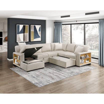 Pompano Sectional with Left Chaise, Pull-out Bed, Hidden Storages and Shelves, Charging Ports