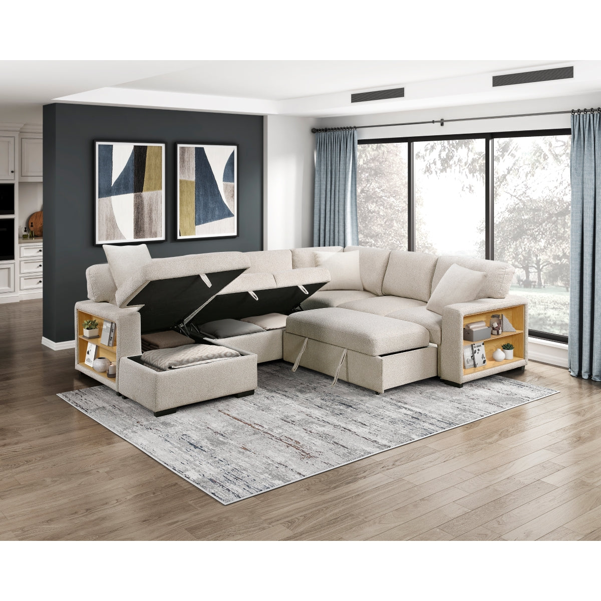 Pompano Sectional with Left Chaise, Pull-out Bed, Hidden Storages and Shelves, Charging Ports