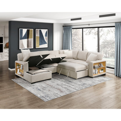 Pompano Sectional with Left Chaise, Pull-out Bed, Hidden Storages and Shelves, Charging Ports