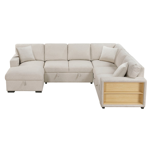 Pompano Sectional with Left Chaise, Pull-out Bed, Hidden Storages and Shelves, Charging Ports