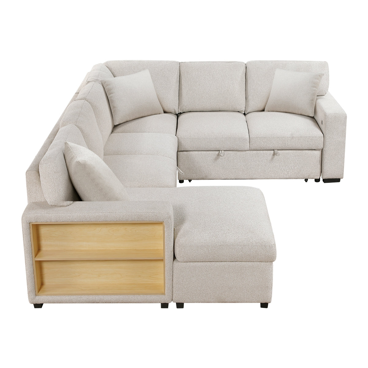 Pompano Sectional with Left Chaise, Pull-out Bed, Hidden Storages and Shelves, Charging Ports
