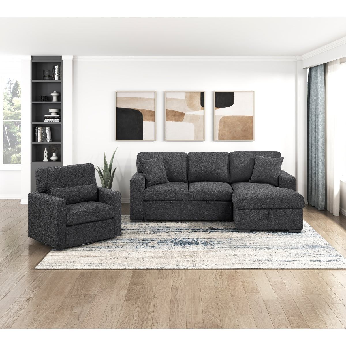 Pompano Sectional with Right Chaise, Pull-out Bed, Hidden Storage and Shelves, Charging Ports