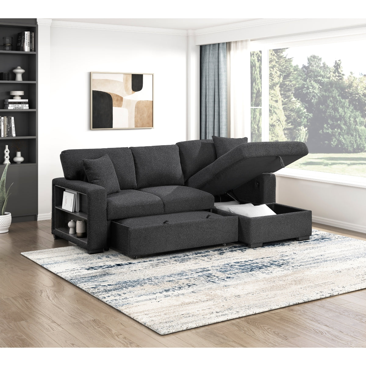 Pompano Sectional with Right Chaise, Pull-out Bed, Hidden Storage and Shelves, Charging Ports
