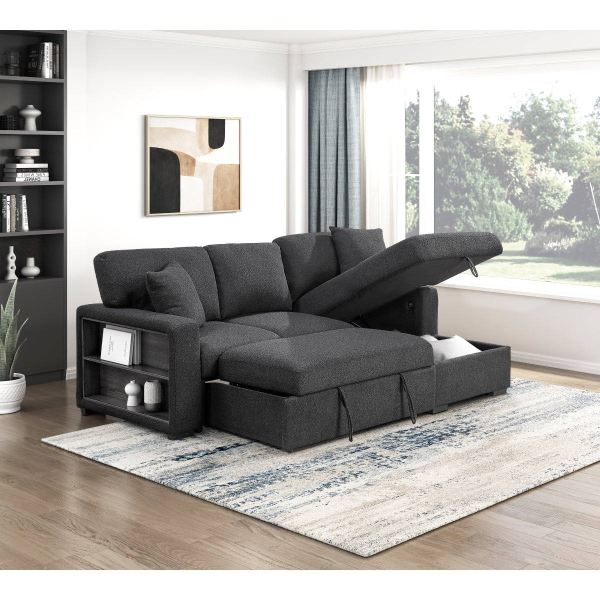 Pompano Sectional with Right Chaise, Pull-out Bed, Hidden Storage and Shelves, Charging Ports
