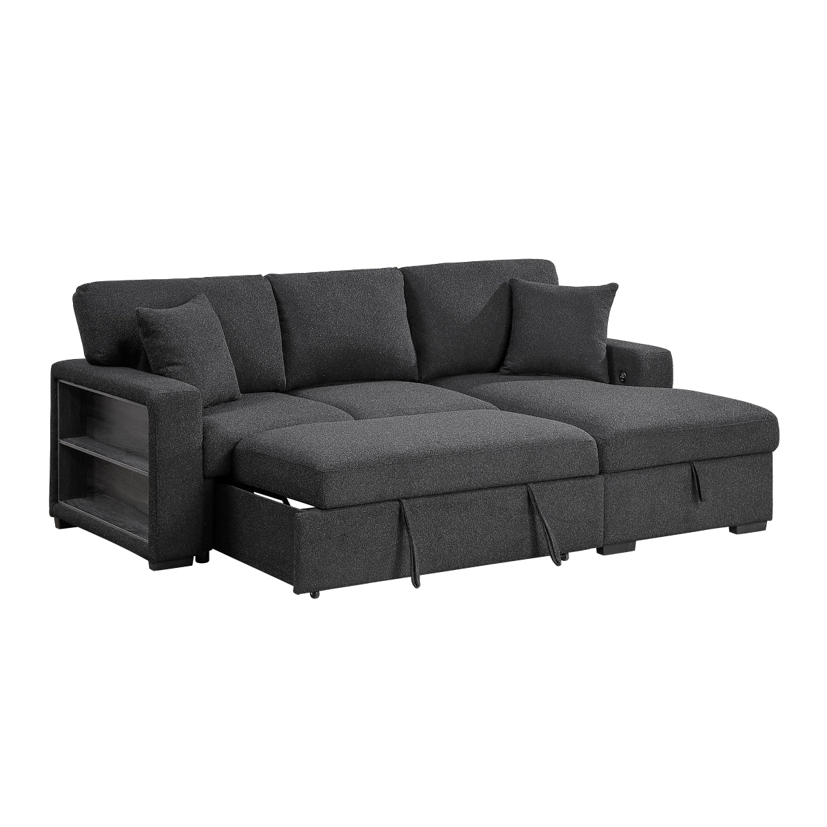 Pompano Sectional with Right Chaise, Pull-out Bed, Hidden Storage and Shelves, Charging Ports