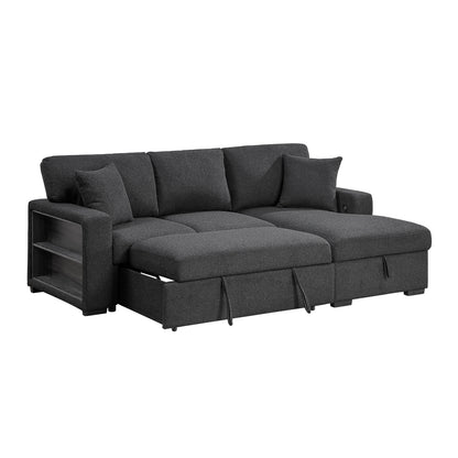 Pompano Sectional with Right Chaise, Pull-out Bed, Hidden Storage and Shelves, Charging Ports
